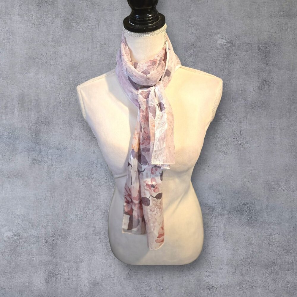 Korean Dress Scarf in Pastel Pink with Purple and‎ Orange Leaves - NWOT - Picture 3 of 5